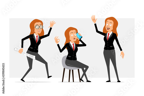 Cartoon flat funny redhead business woman character in black suit with red tie. Girl walking with newspaper and talking on phone. Ready for animation. Isolated on gray background. Vector set.