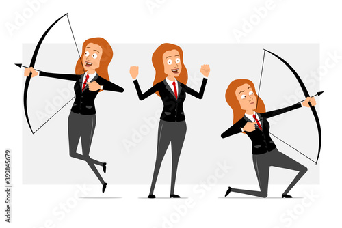 Cartoon flat funny redhead business woman character in black suit with red tie. Girl showing muscles, shooting from bow and arrow. Ready for animation. Isolated on gray background. Vector set.