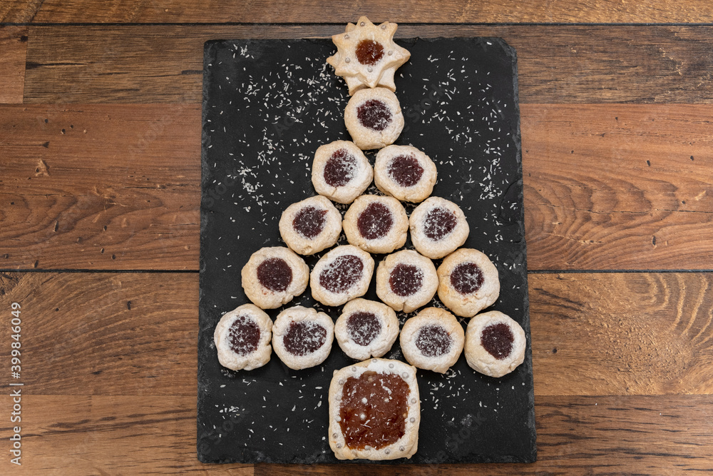 Coconut biscuits filled with different flavor jam, raspberry, strawberries, apricot