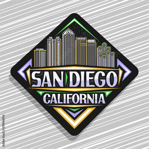 Vector logo for San Diego, black rhombus road sign with outline illustration of american city scape on dusk sky background, tourist fridge magnet with unique lettering for words san diego, california.