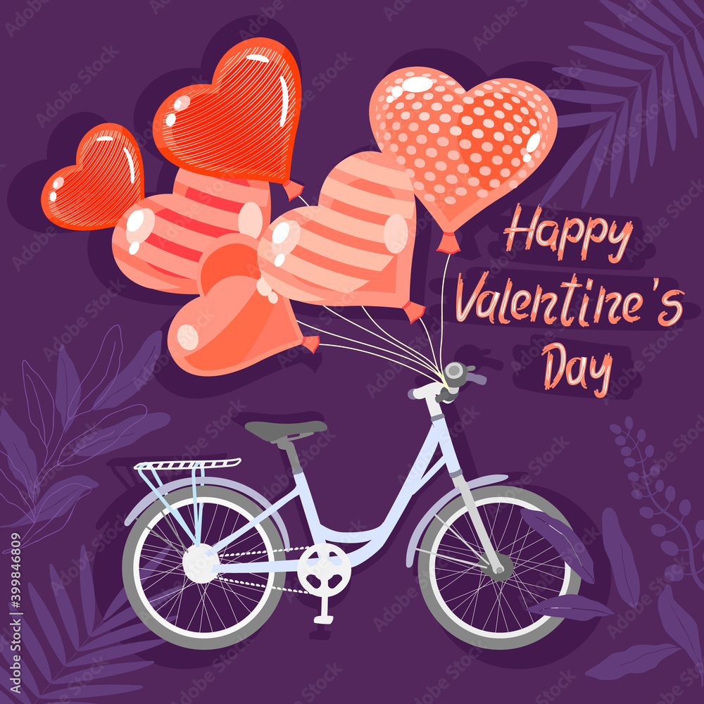 Bicycle with balloons tied to the handlebars.Postcard or banner about love.Valentine's Day Illustration.