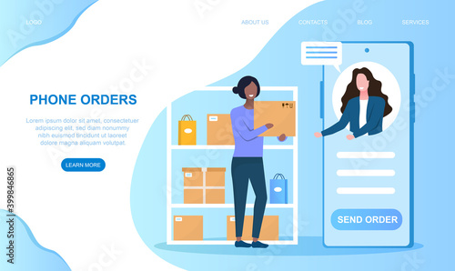 Woman making phone orders. Professional worker processing orders she get on the phone. Concept of online ordering. Website, web page, landing page template. Flat cartoon vector illustration