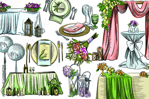 Watercolor set wedding decorations. Arch, wedding bouquet, registration table, table service set, Mr. and Mrs balloons, vintage lanterns decorated with flowers, Cocktail Table, buffet table