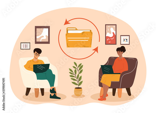 Male and female characters sitting in cozy room sharing files. Concept of sharing encrypted files, document transfer. Boy and girl sending each other files wirelessly. Flat cartoon vector illustration