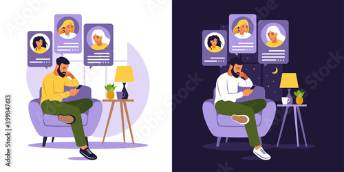 Man sitting on sofa with phone. Friends talking on phone day and night. Dating app, application or chat concept. Flat style. Vector illustration isolated on white.