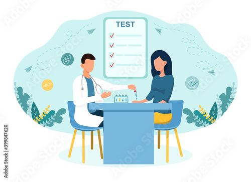 Woman is making skin allergy test. Doctor examine skin disease with allergy symptom. Concept of healthcare. Flat cartoon vector illustration