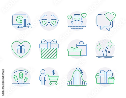 Holidays icons set. Included icon as Gifts, Fireworks, Surprise signs. Buyer, Honeymoon cruise, Fireworks rocket symbols. Heart, Online shopping, Romantic gift. Love glasses line icons. Vector