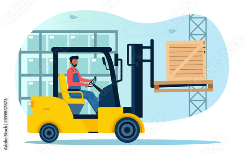 Male character loading goods with forklift. Worker is moving box in a warehouse. Warehouse modern interior wirh cargo truck. Flat cartoon vector illustration