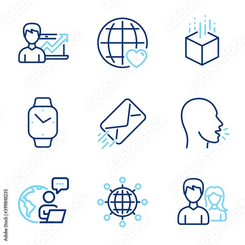 Line icons set. Included icon as Success business, Cough, E-mail signs. Smartwatch, International globe, Teamwork symbols. International love, Augmented reality line icons. Line icons set. Vector