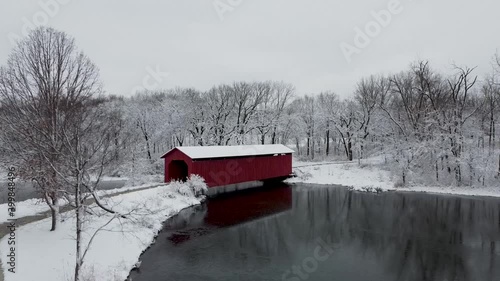 Snowy Covered Bridge at Easter Laek In Iowa photo