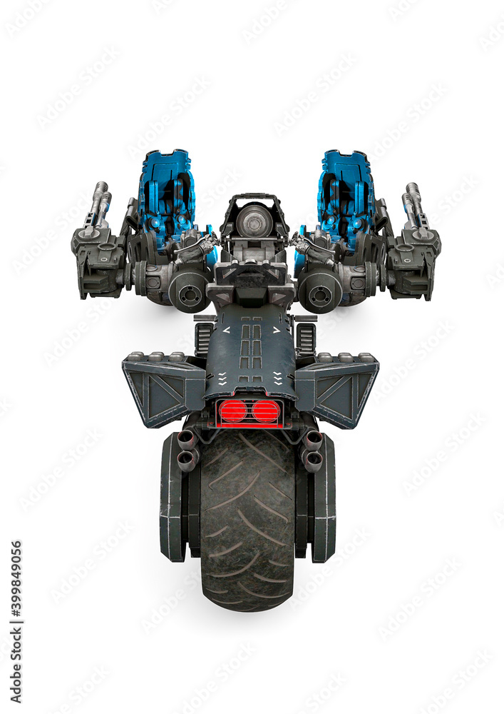 three wheel war machine on white background bird eye rear view three wheel war machine on white background bird eye rear view