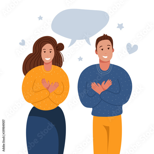 Grateful people saying thank you. Man and woman keeping hands on chest, expresses gratitude, being thankful for help and support. Flat vector illustration