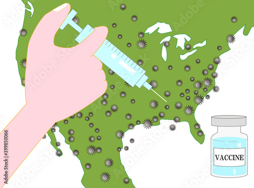 アメリカにワクチンの予防接種をするためのイメージイラスト。