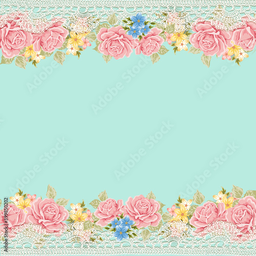 Greeting card with lace for wedding, birthday and other holidays. Vector vintage background with roses.