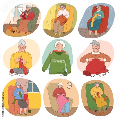 Set of senior women grandmothers sitting at home and knitting warm clothing