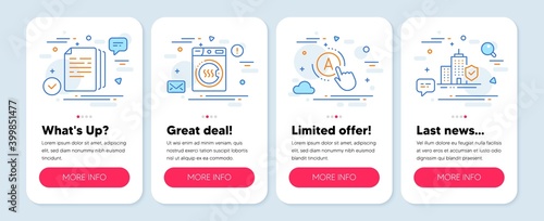 Set of Business icons, such as Ab testing, Dryer machine, Copy documents symbols. Mobile screen banners. Apartment insurance line icons. A test, Laundry, Paper pages. Flat coverage. Vector