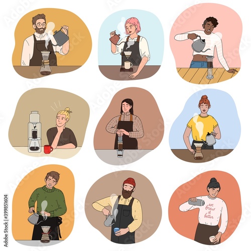 Set of young people barista brewing coffee and making drinks