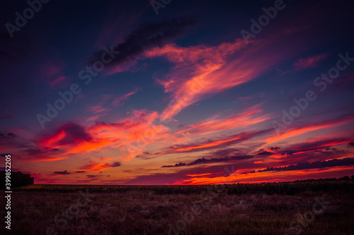 sunset, crimson sunset, sky, red, color, open spaces, field, night