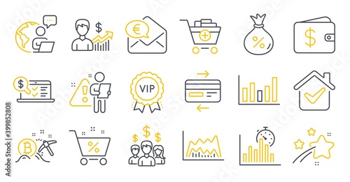 Set of Finance icons, such as Salary employees, Loan, Online accounting symbols. Dollar wallet, Loan percent, Vip award signs. Business growth, Euro money, Column chart. Trade chart. Vector