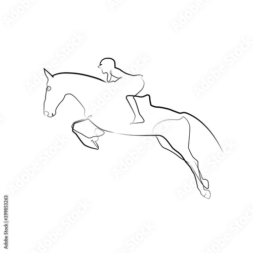 Jockey on a horse drawn by one line. Black line vector illustration on white background