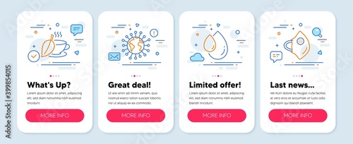 Set of Medical icons, such as Mint tea, Coronavirus, Oil drop symbols. Mobile screen app banners. Medical mask line icons. Mentha beverage, Pandemic infection, Serum. Surgical mask. Vector