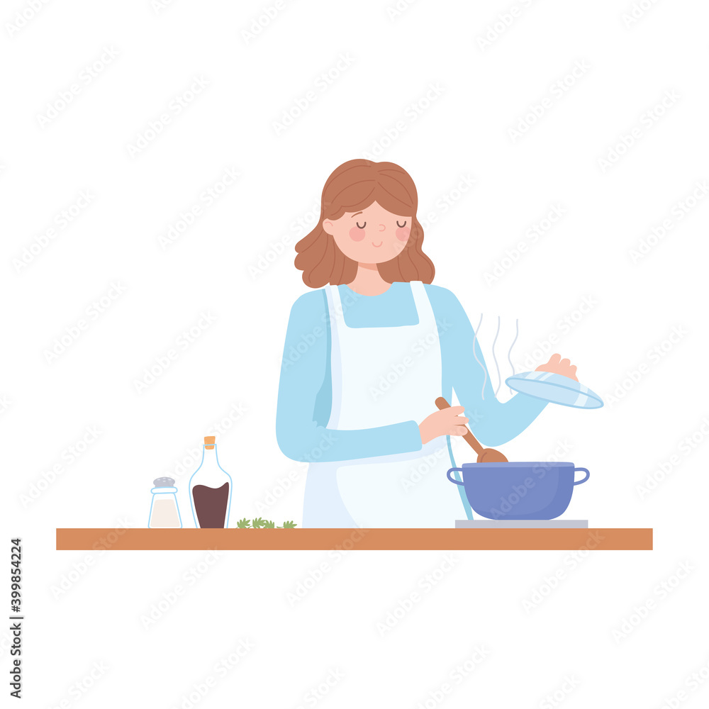 female chef preparing meal with pot in stove kitchen cartoon female chef preparing meal with pot in stove kitchen cartoon