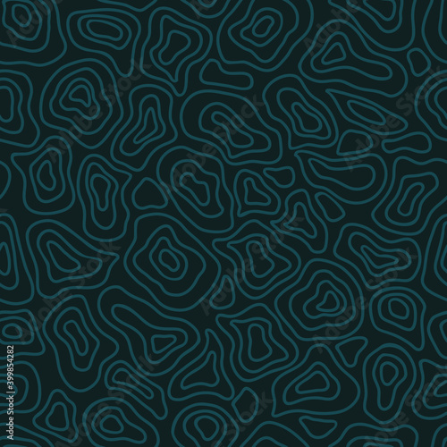 Turquoise doodle shapes on dark blue-gray background. Seamless abstract pattern. Suitable for packaging, textile.