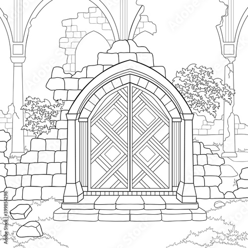 Ancient gates with ruins of castle, plants, arches, pillars, sky on white isolated background. Hand drawn fantasy architecture. For coloring book pages.