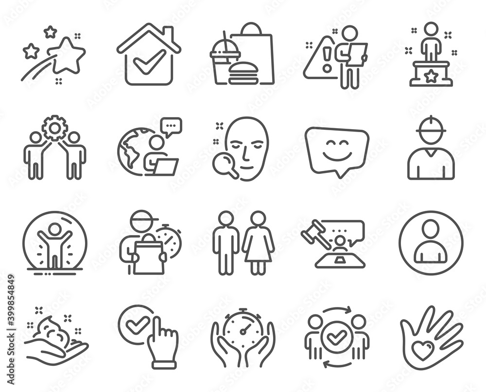 People icons set. Included icon as Recovered person, Smile face, Approved teamwork signs. Timer, Social responsibility, Restroom symbols. Face search, Employees teamwork, Avatar. Checkbox. Vector