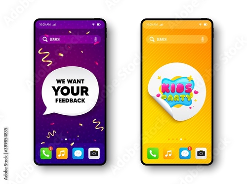 Kids party sticker. Phone mockup vector confetti banner. Fun playing zone banner. Children games party area icon. Social story post template. We want your feedback speech buuble. Vector
