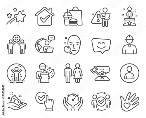 People icons set. Included icon as Recovered person, Smile face, Approved teamwork signs. Timer, Social responsibility, Restroom symbols. Face search, Employees teamwork, Avatar. Checkbox. Vector