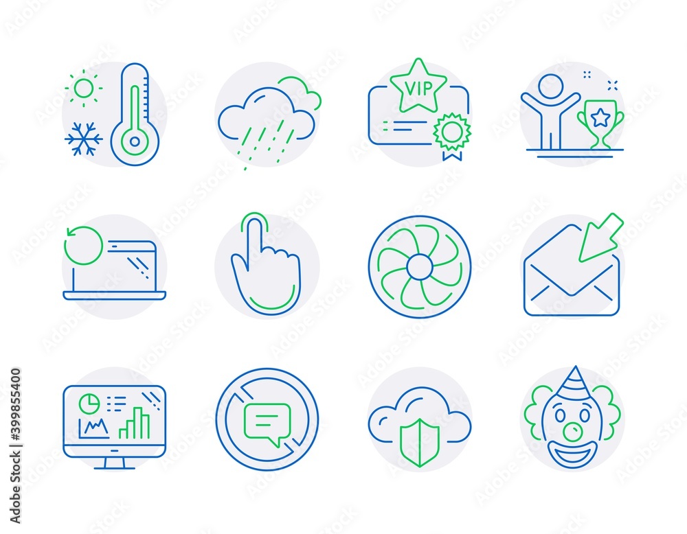 Business icons set. Included icon as Recovery laptop, Fan engine, Analytics graph signs. Stop talking, Open mail, Hand click symbols. Weather thermometer, Vip certificate, Winner cup. Vector Business icons set. Included icon as Recovery laptop, Fan engine, Analytics graph signs. Stop talking, Open mail, Hand click symbols. Weather thermometer, Vip certificate, Winner cup. Vector