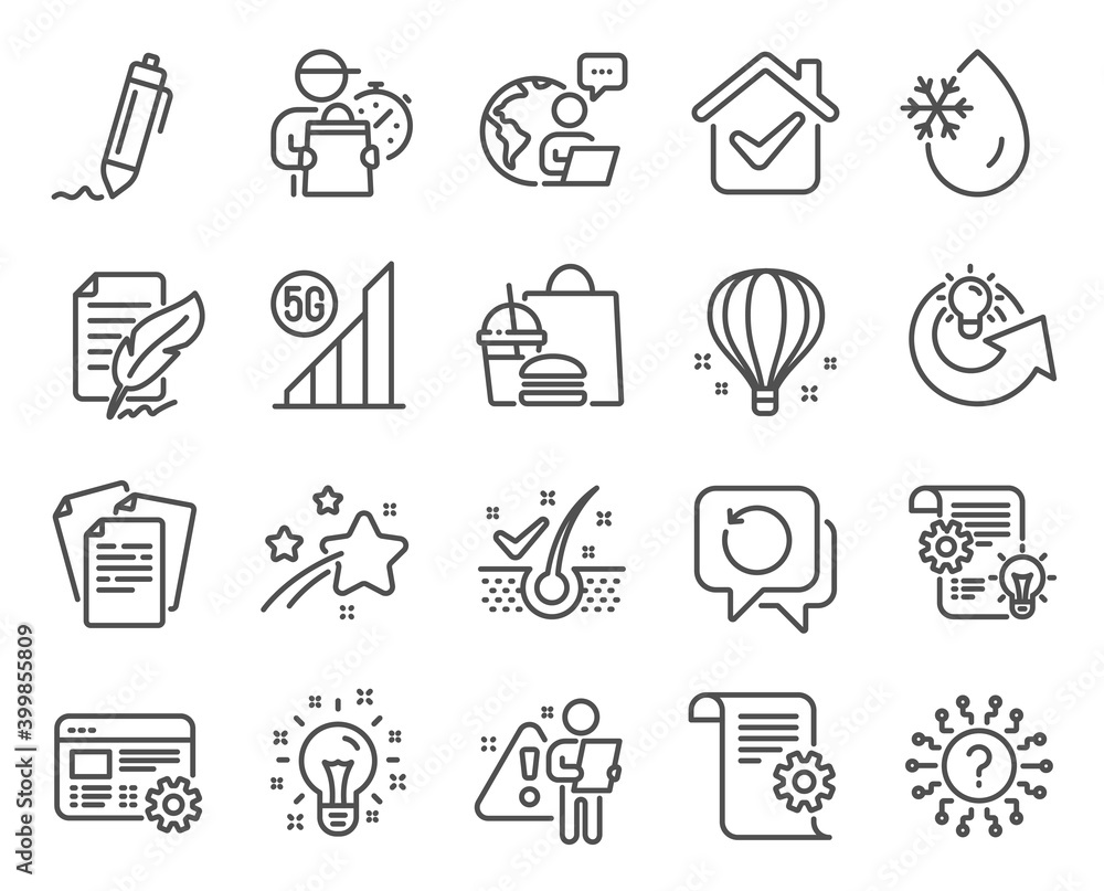 Science icons set. Included icon as Share idea, Technical documentation, Question mark signs. Feather signature, Idea, Web settings symbols. Documents, Freezing water, Cogwheel. Signature. Vector Science icons set. Included icon as Share idea, Technical documentation, Question mark signs. Feather signature, Idea, Web settings symbols. Documents, Freezing water, Cogwheel. Signature. Vector