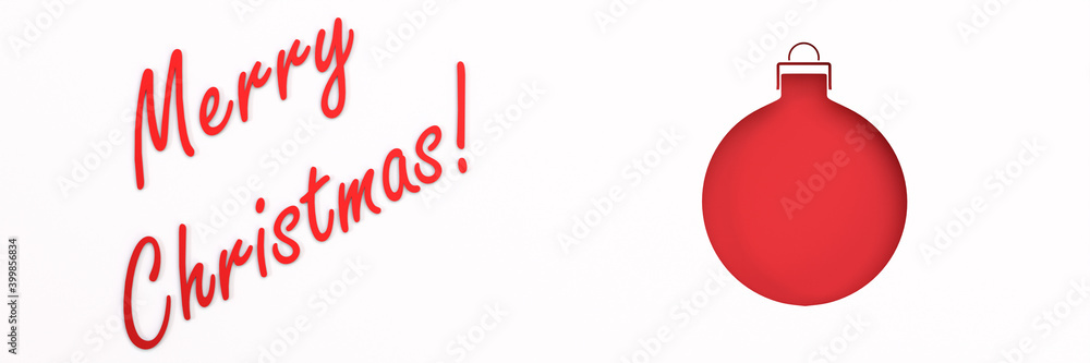 christmas card with a cut red ball and the inscription merry christmas. 3d render christmas card with a cut red ball and the inscription merry christmas. 3d render