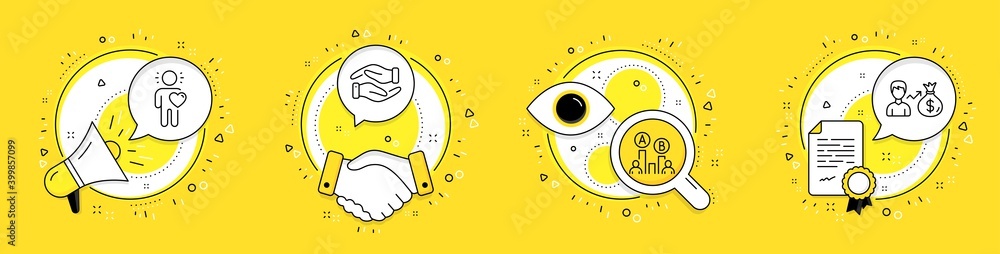 Friend, Helping hand and Ab testing line icons set. Megaphone, licence and deal vector icons. Sallary sign. Love, Charity palm, Test chart. Person earnings. People set. Friend speech bubble. Vector Friend, Helping hand and Ab testing line icons set. Megaphone, licence and deal vector icons. Sallary sign. Love, Charity palm, Test chart. Person earnings. People set. Friend speech bubble. Vector