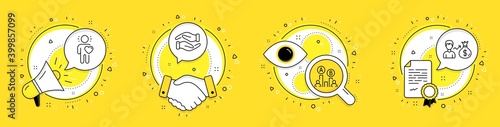 Friend, Helping hand and Ab testing line icons set. Megaphone, licence and deal vector icons. Sallary sign. Love, Charity palm, Test chart. Person earnings. People set. Friend speech bubble. Vector