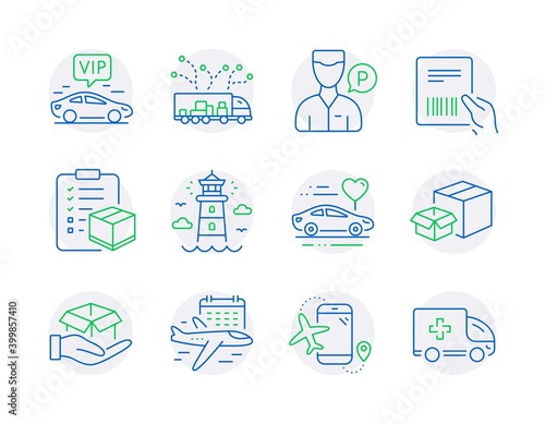Transportation icons set. Included icon as Flights application, Lighthouse, Select flight signs. Parcel invoice, Truck delivery, Parcel checklist symbols. Packing boxes, Hold box. Vector