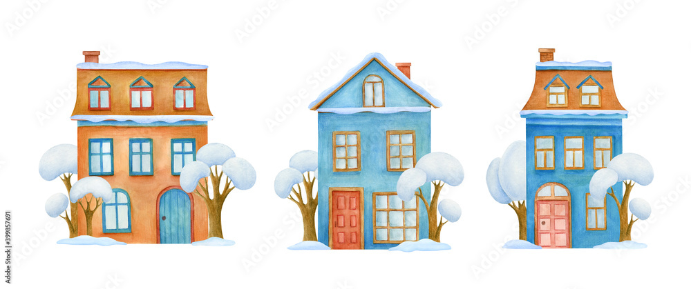 Set of watercolor winter houses. Christmas houses in the snow and snowy trees. Illustrations for cards, souvenirs and print
