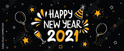 Happy New Year 2021 fun gold party doodle banner