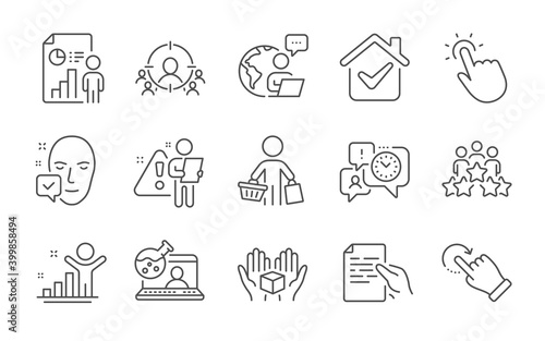 Business meeting, Face accepted and Time management line icons set. Touchpoint, Hold document and Rotation gesture signs. Business report, Winner and Hold box symbols. Line icons set. Vector