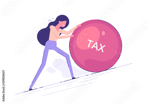 Foto Tired businesswoman pushing a boulder uphill with the inscription taxes