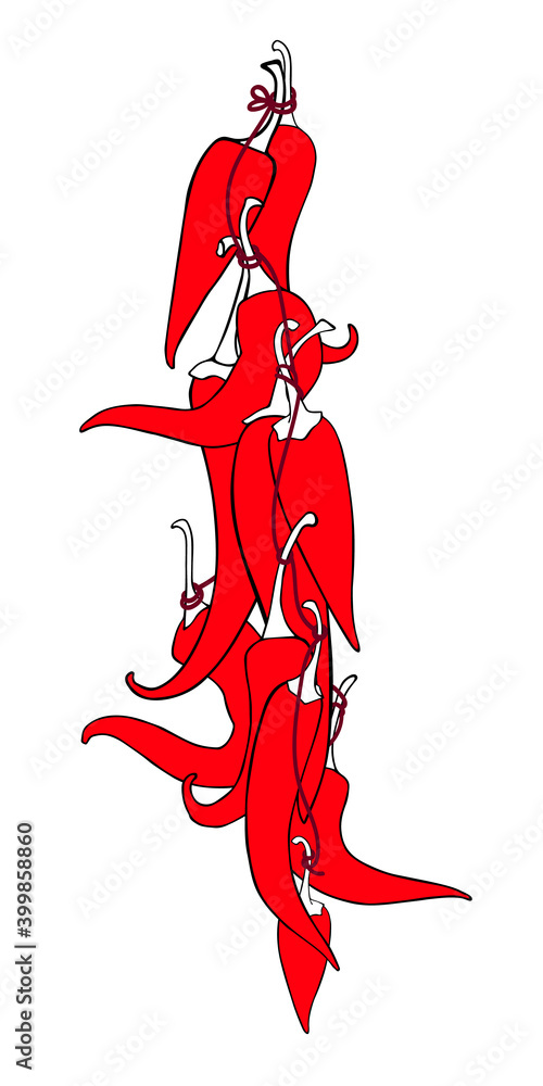 A bunch of red hot peppers. Vector outline drawing of cayenne peppers. Design element for condiments or sauces.