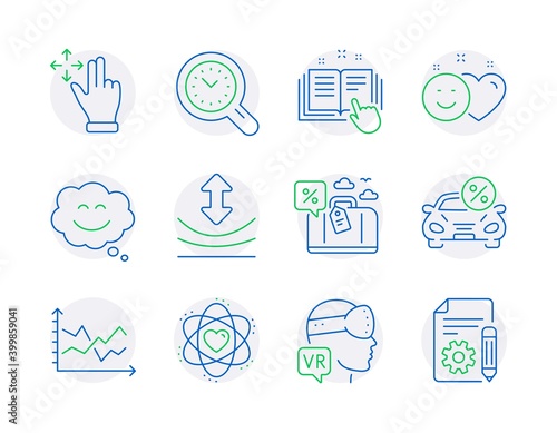 Technology icons set. Included icon as Travel loan, Move gesture, Technical documentation signs. Smile chat, Diagram chart, Atom symbols. Augmented reality, Car leasing, Resilience. Smile. Vector