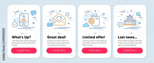 Set of Holidays icons, such as Love letter, Travel passport, Crane claw machine symbols. Mobile screen app banners. Circus line icons. Heart, Trip document, Attraction park. Love letter icons. Vector