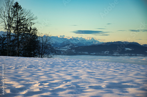 Morning mood in winter with a view of the mountains with the first sunlight, photo from the bachtel zurich oberland switzerland
