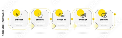 Statistics, Cooking hat and Salary line icons set. Timeline process flowchart. Life insurance sign. Financial report, Chef, Diplomat with money bag. Risk coverage. Business set. Vector