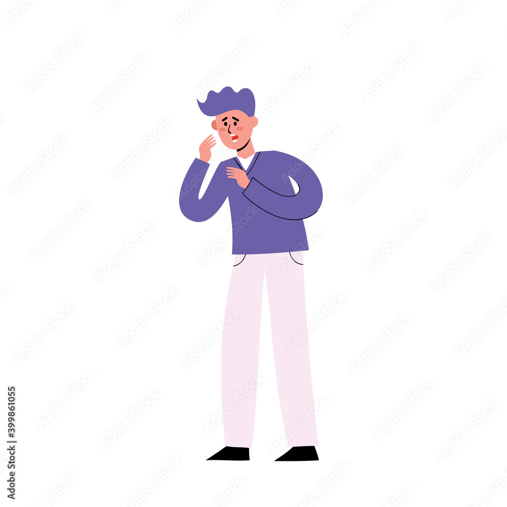 Vector illustration of sick man having dry cough on white