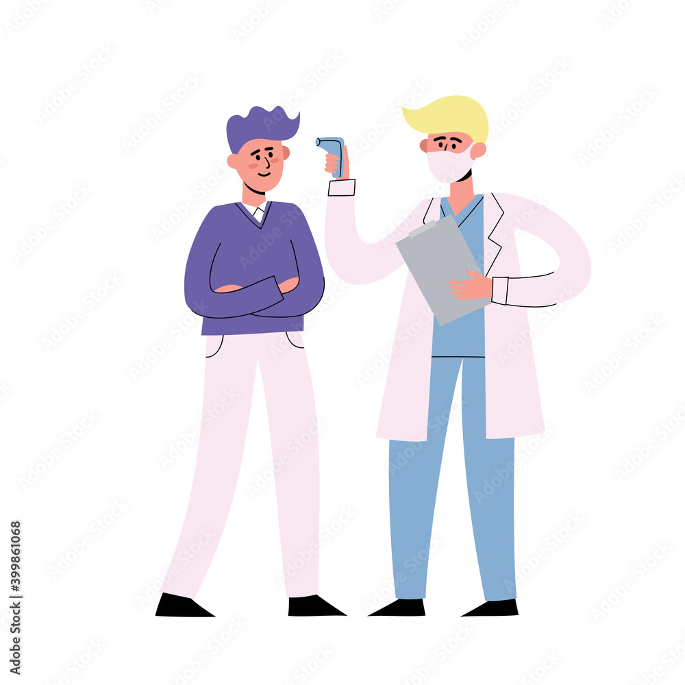 Doctor in protective medical mask measures the temperature with thermometer Doctor in protective medical mask measures the temperature with thermometer