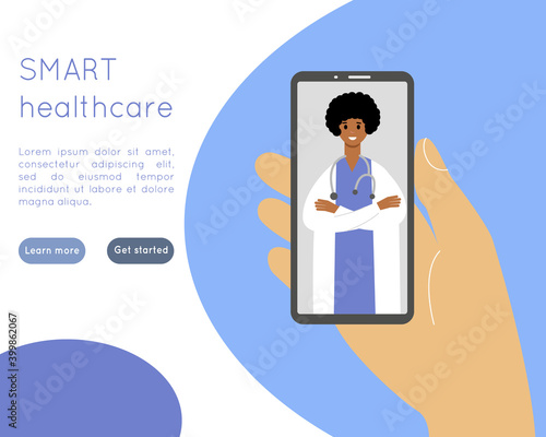 Online medicine and smart healthcare concept illustration with videocalling on smartphone. Online medical advise or consultation service, tele medicine. Vector illustration for websites.