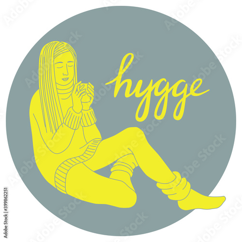 Young woman with cup of coffee. Lagom and Hygge concept. Cozy Scandinavian lifestyle scene. Female silhouette in warm socks and sweater. Yellow and  gray vector illustration.